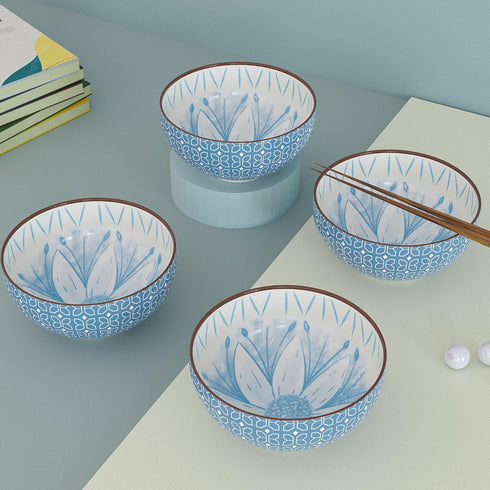 Blue Flower Printed Bowl Set of 4, 330 ML